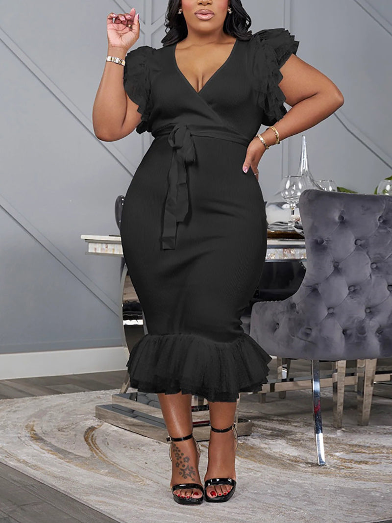 Elegant V Neck Lace-up Mesh Patchwork Midi Dress