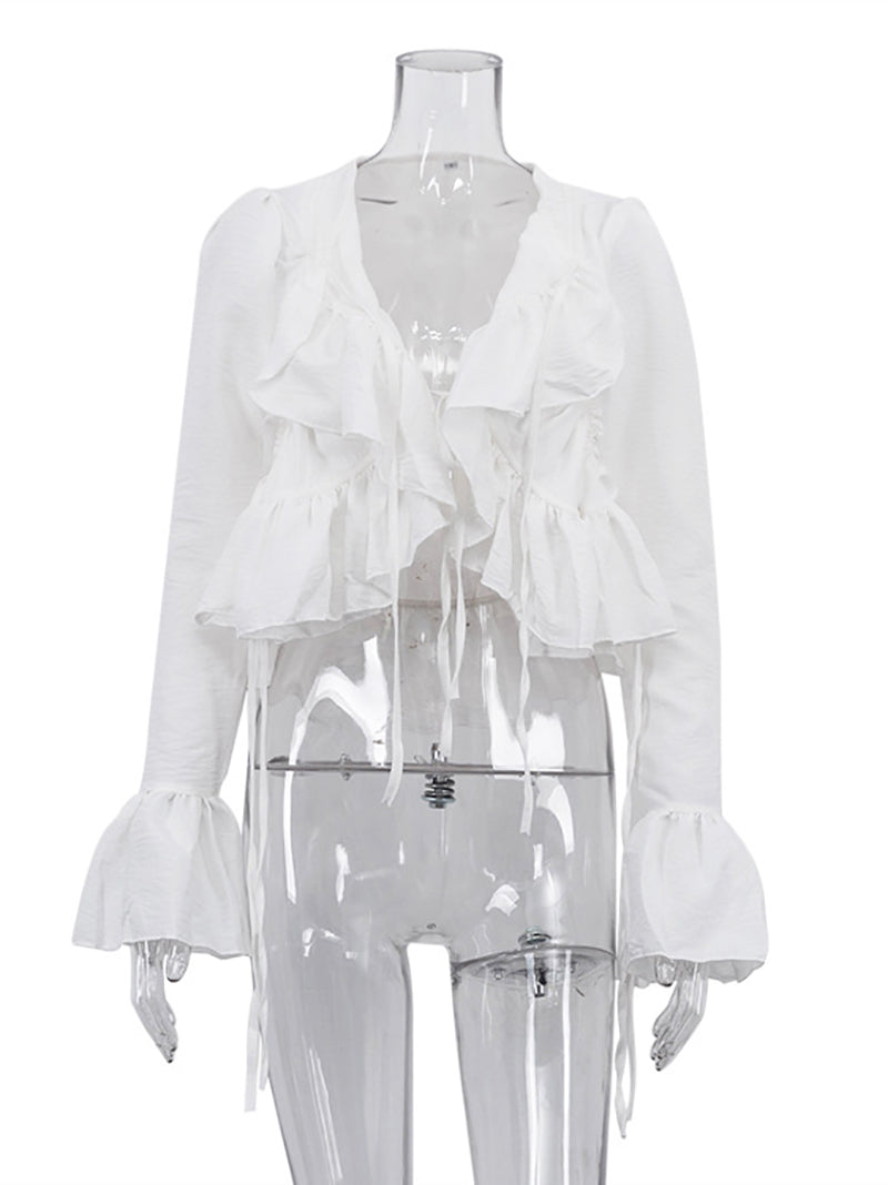 Fashion V-Neck Lace-up Ruffle Blouses