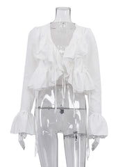 Fashion V-Neck Lace-up Ruffle Blouses