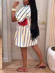 Casual Striped V Neck Puff Sleeve Loose Mini Dress