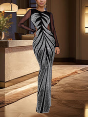 Sexy Rhinestone Mesh See Through Maxi Dress