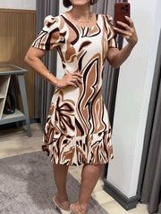 Casual Round Neck Print Slim Pleated Midi Dress