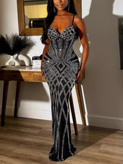 Rhinestone Suspender Elastic Bodycon Maxi Dress