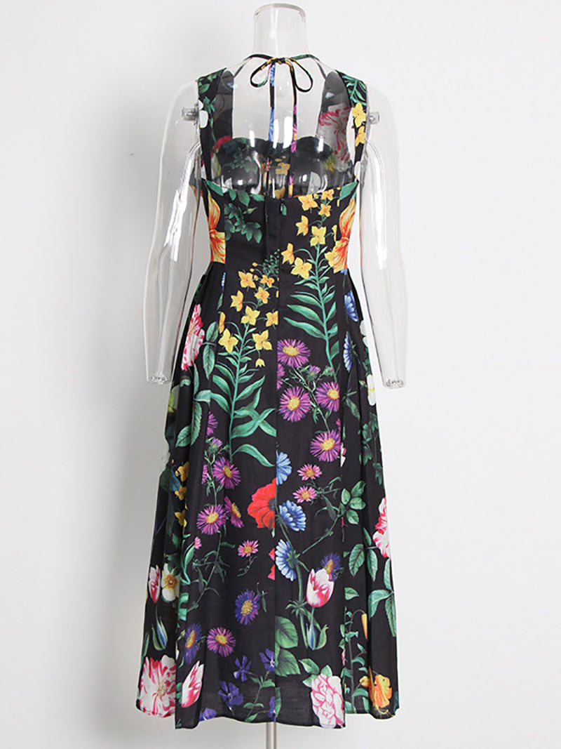 Fashion Print Embroider Slim Midi Dress