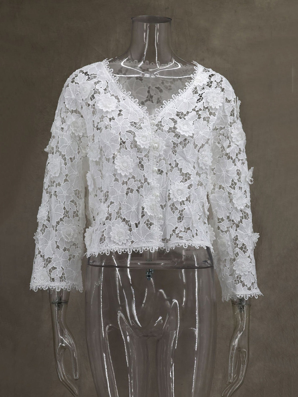 Elegant V Neck Lace Floral Hollow Out Shirt