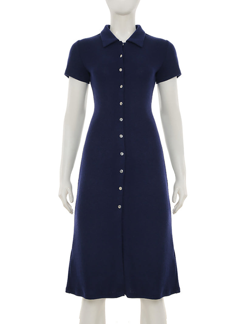 Fashion Turn-down Collar Button Slim Midi Dress