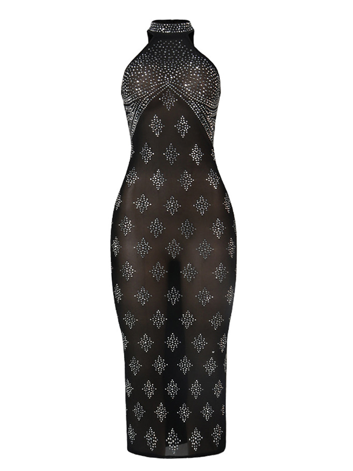High Neck Sleeveless Rhinestone Mesh Midi Dress
