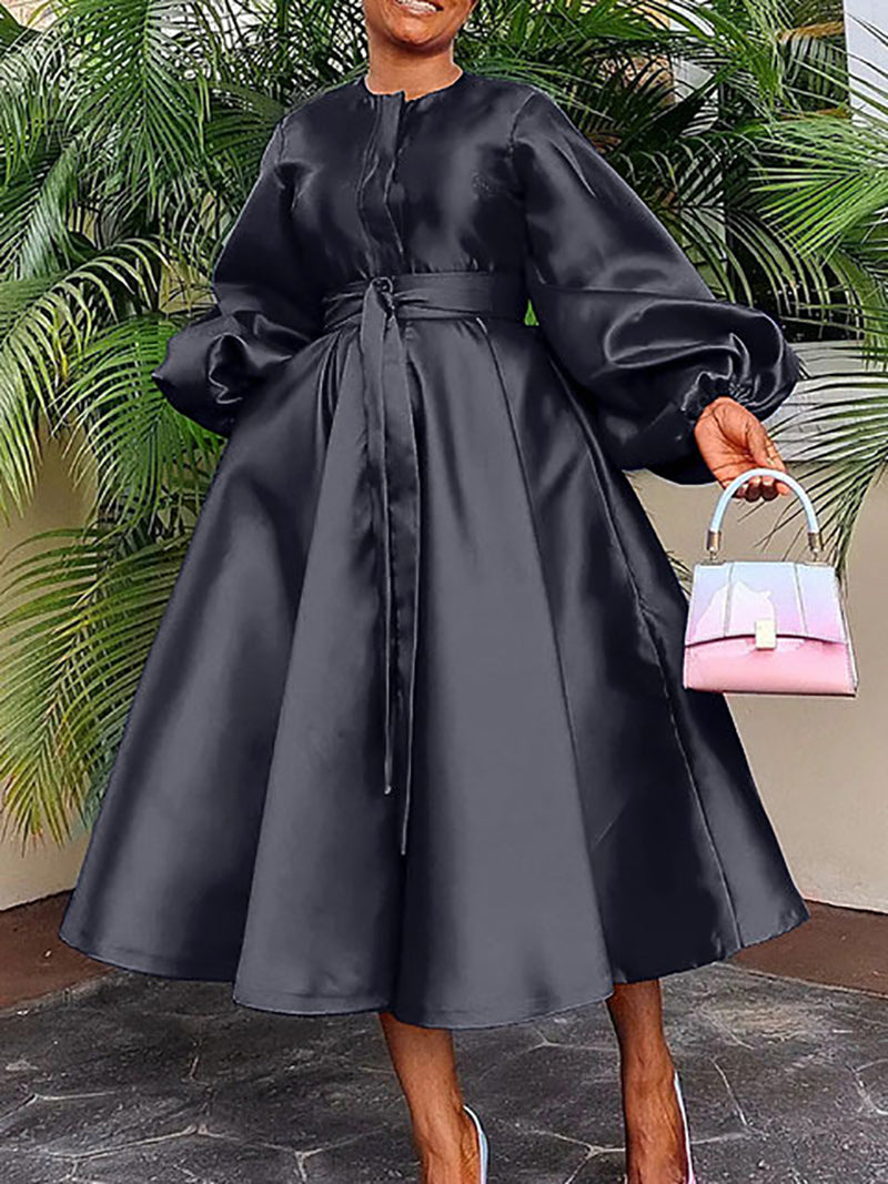 Elegant Satin Lantern Sleeve Bandage Party Maxi Dress