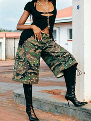 Casual Pearl Embellishments Camo Cargo Shorts