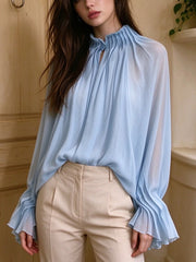 Balloon Sleeve Stand Collar Blouse-boutique