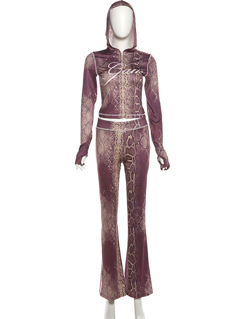Sexy Snake Print Zipper Hooded Bodycon Pant Sets