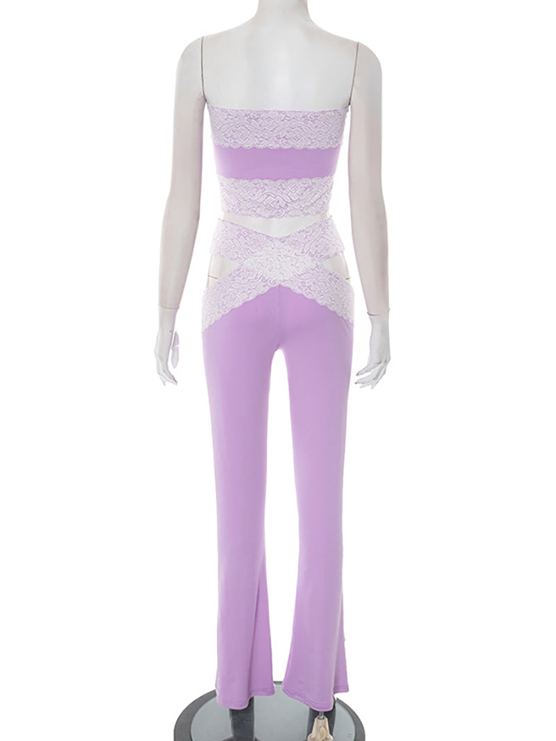 Sexy Lace Strapless Top Cross Hollow Trousers Sets