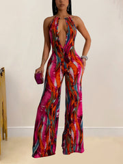 Sexy V Neck Sleeveless Halter Backless Jumpsuit