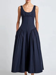Sleeveless Cinched Waist Pleated Ruffles Midi Dress