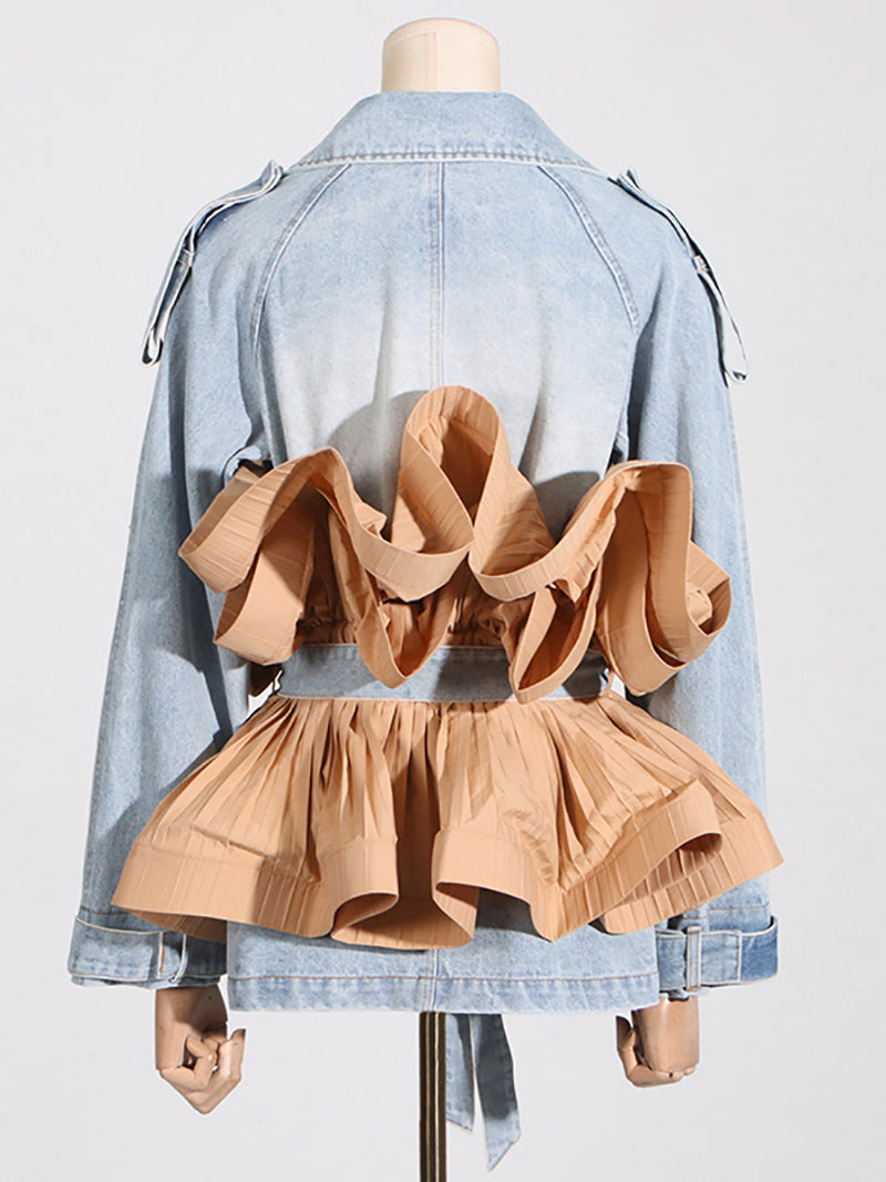 Ruffle Pleated Denim Lace-Up Jacket