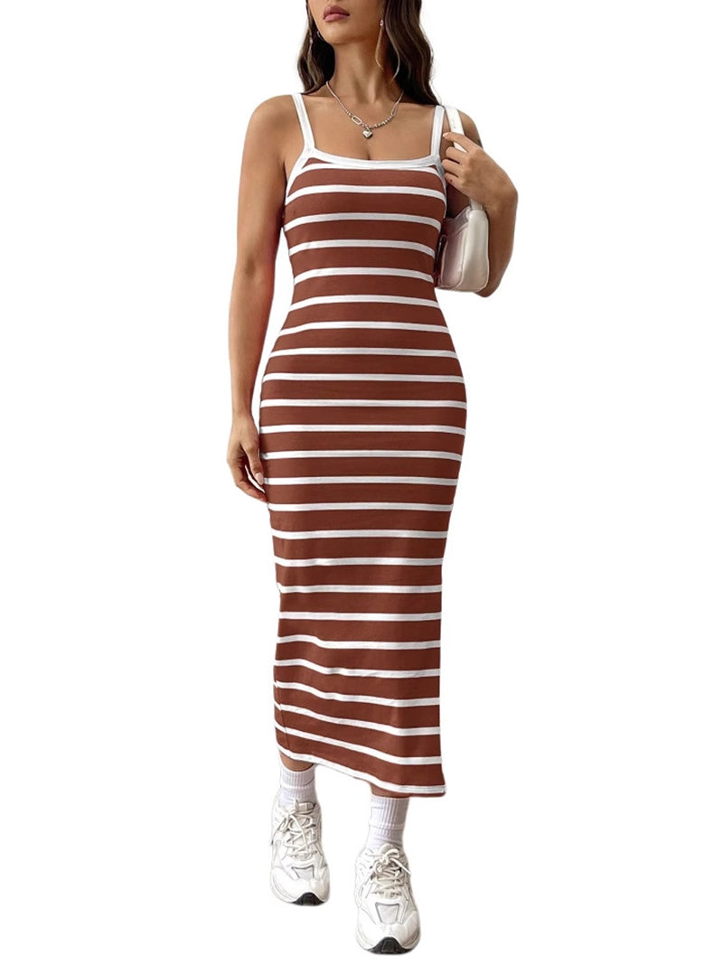Casual Stripe Print Sleeveless Slim Long Dress