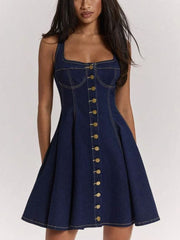 Button Front Denim A Line Mini Dress