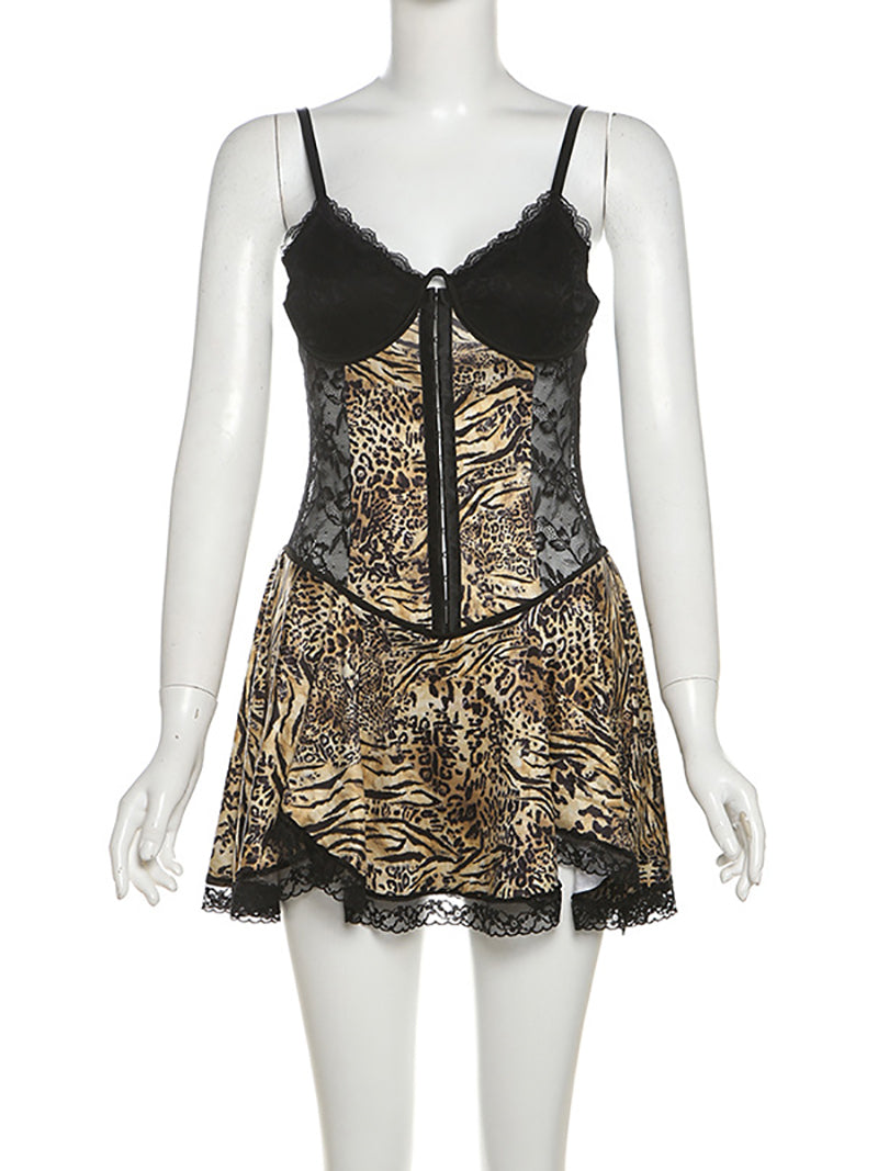 Lace Patchwork Metal Button Leopard Print Mini Dress