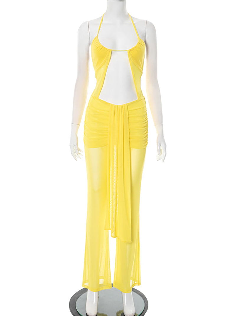 Ruched Sheer Lace-Up Backless  Jumpsuits