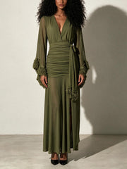 Feather Trim Asymmetric V Neck Dress-boutique