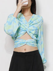 Casual Print Slim Hollow Out Backless Cropped Shirt