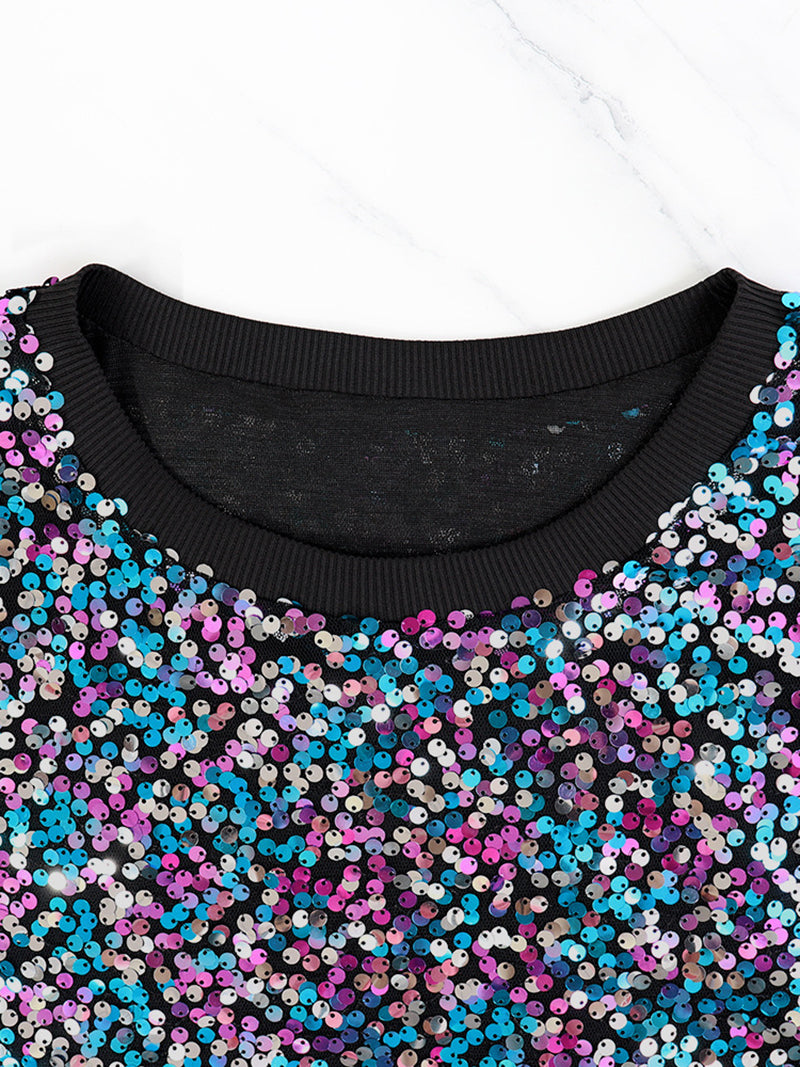 Rainbow Sequin Round Neck Pullover Top