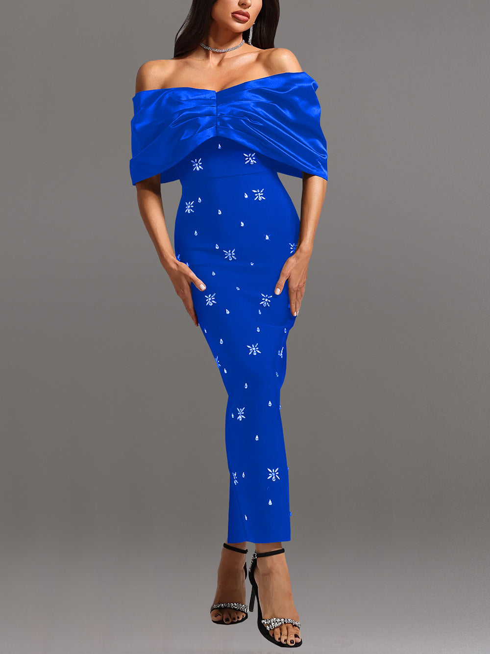 Sexy Off-the-Shoulder Rhinestone Maxi Dress