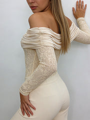 Elegant Off Shoulder Ruched Lace Bodysuit