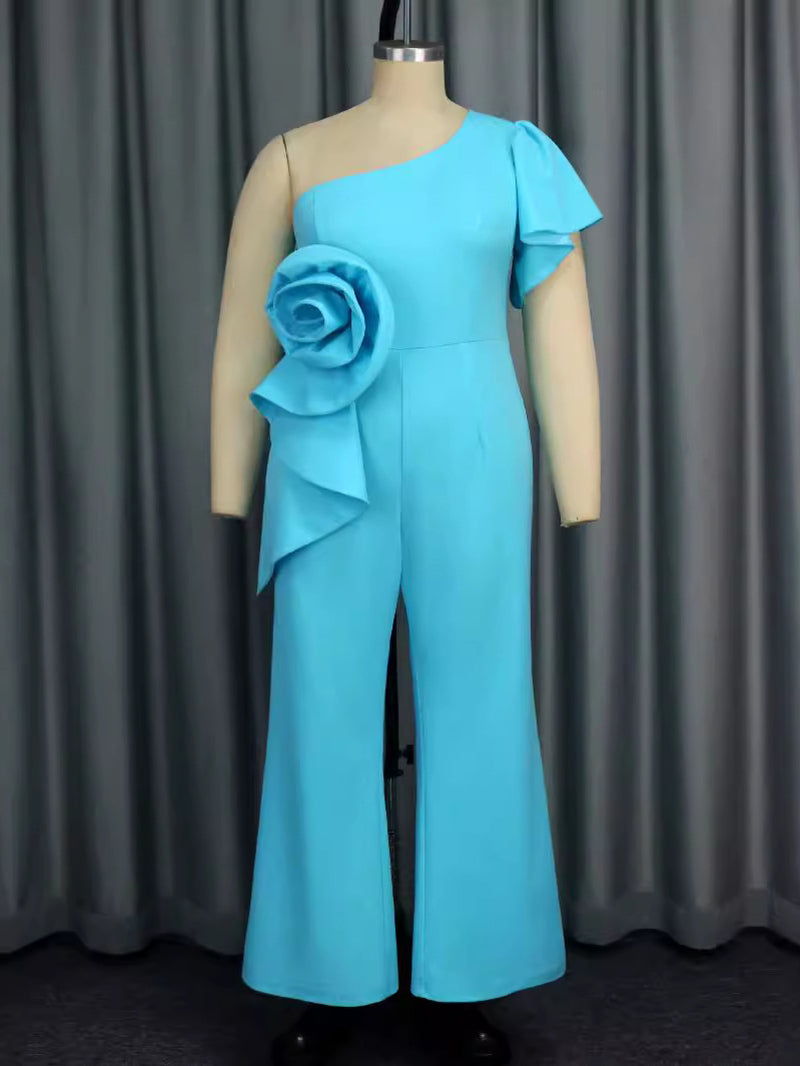 One Shoulder 3D Flower Decor Flared Leg Jumpsuit