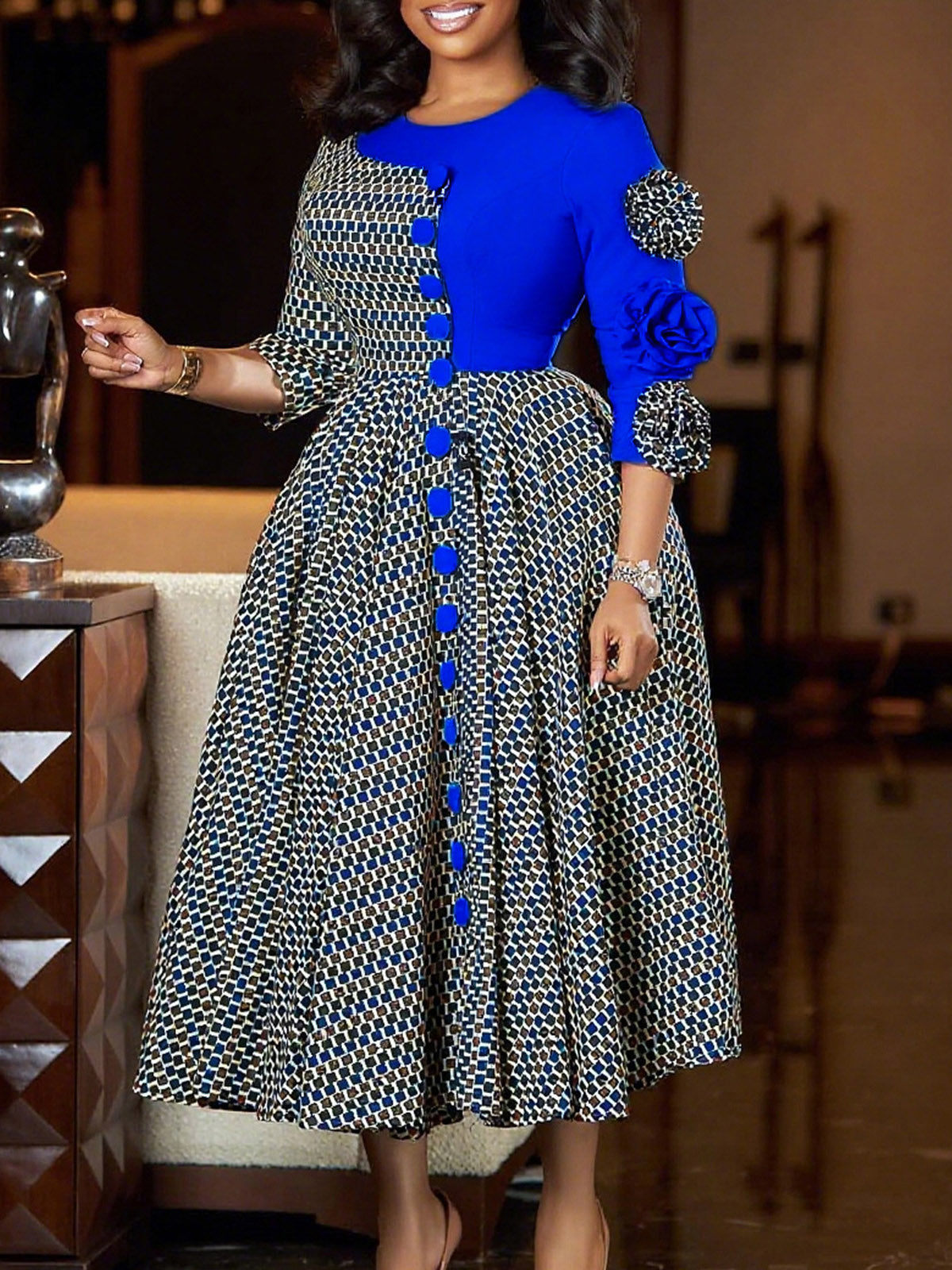 Elegant O Neck Cinched Waist Maxi Dress