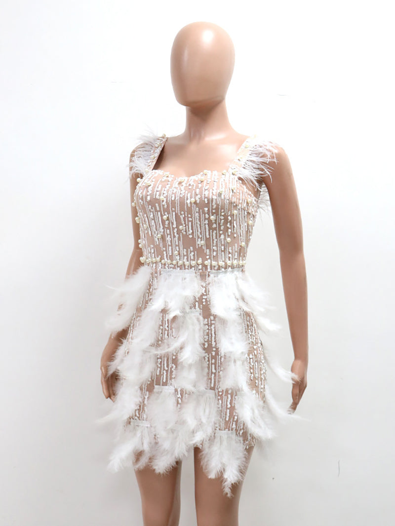 Sexy V Neck Pearl Beading Feather Club Mini Dress