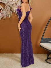 Embellished Feather Trim Sequin One Shoulder Slim Dress