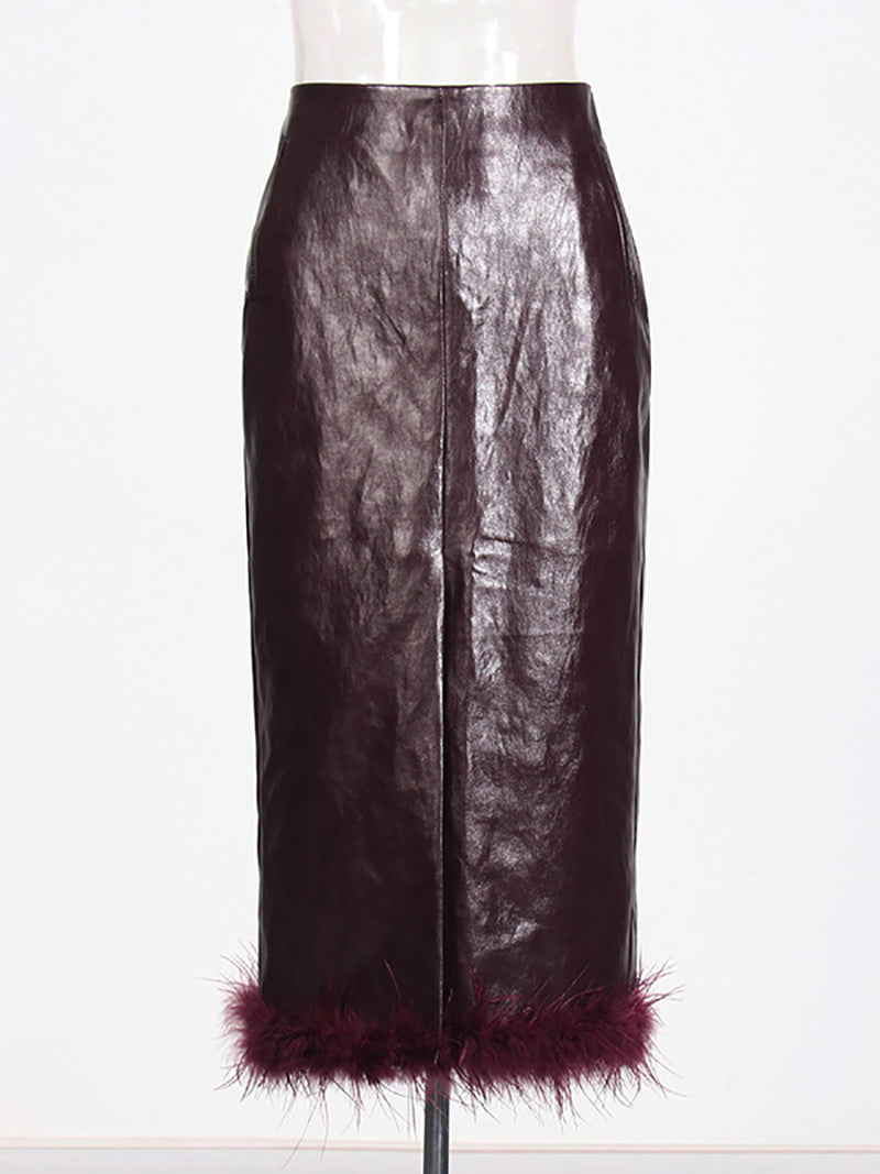 Fashion Feather Patchwork Faux Leather Midi Skirt