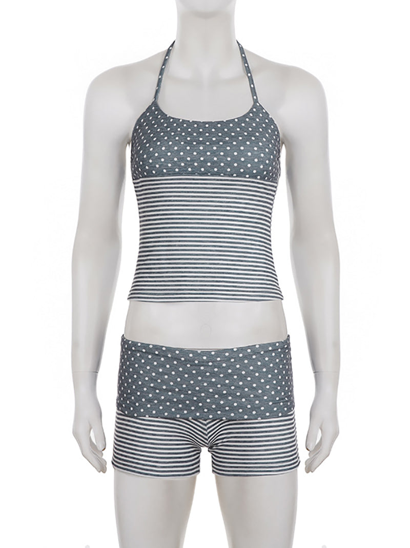 Casual Print Halter Crop Top And Shorts Two Piece Set