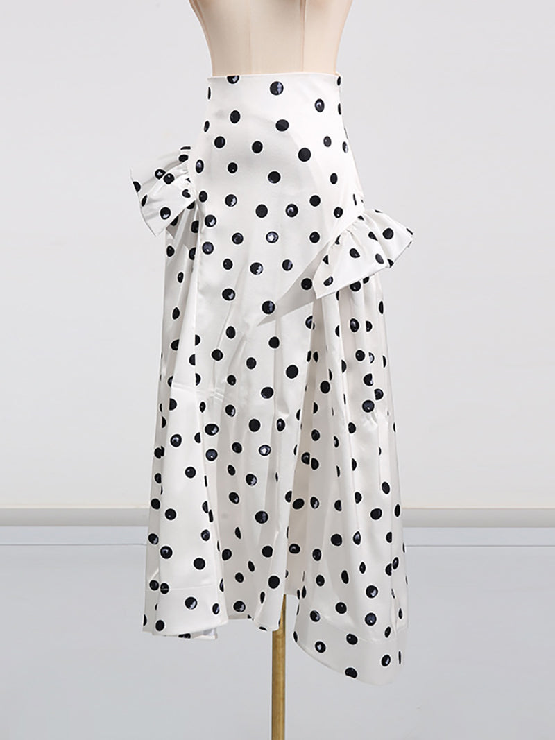 Elegant Polka Dot Print Ruffles High Waist Long Skirt