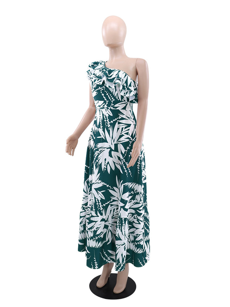 Elegant Print Ruffled Trim Oblique Collar Maxi Dress