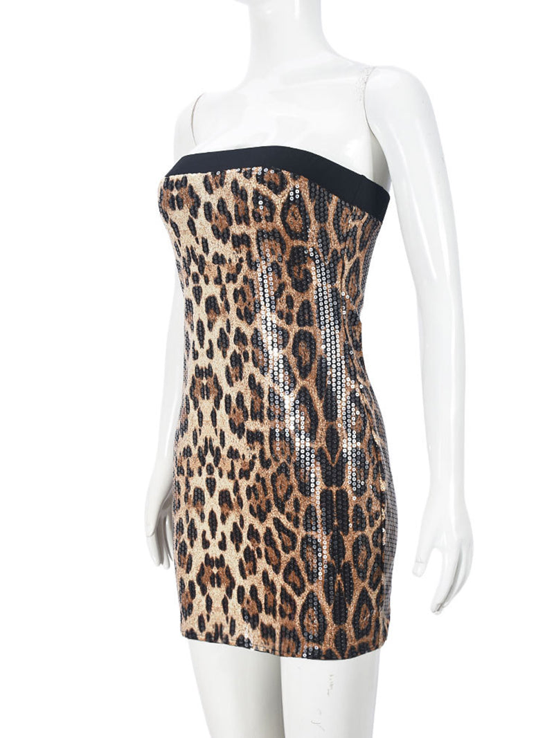 Sexy Leopard Print Sequin Bodycon Strapless Mini Dress