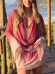 Fashion Cowl Neck Mesh Sheer Print Long Sleeve Mini Dress
