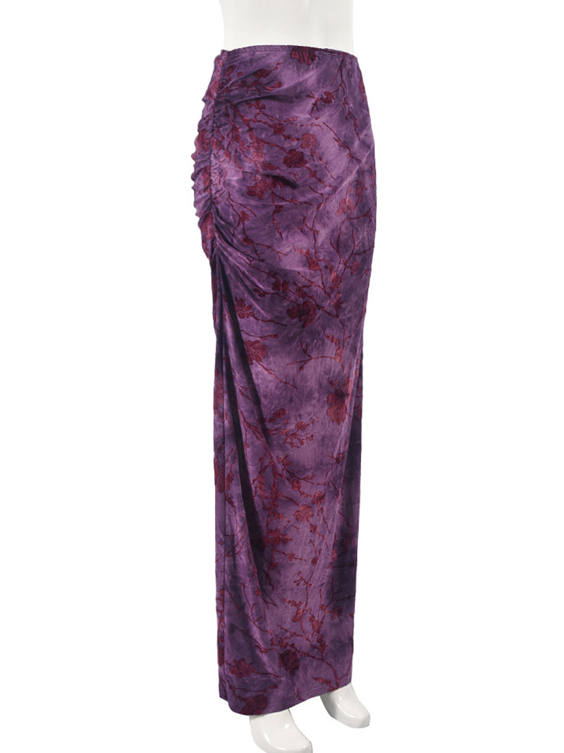 Sexy Printed Soft Touch Devore Ruched Side Maxi Skirt