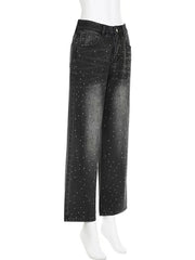 Rhinestone Low Waist Wide Leg Jeans