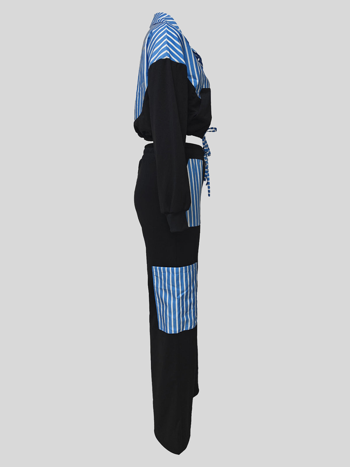 Striped Patchwork Cropped Shirt Straight Pants Set