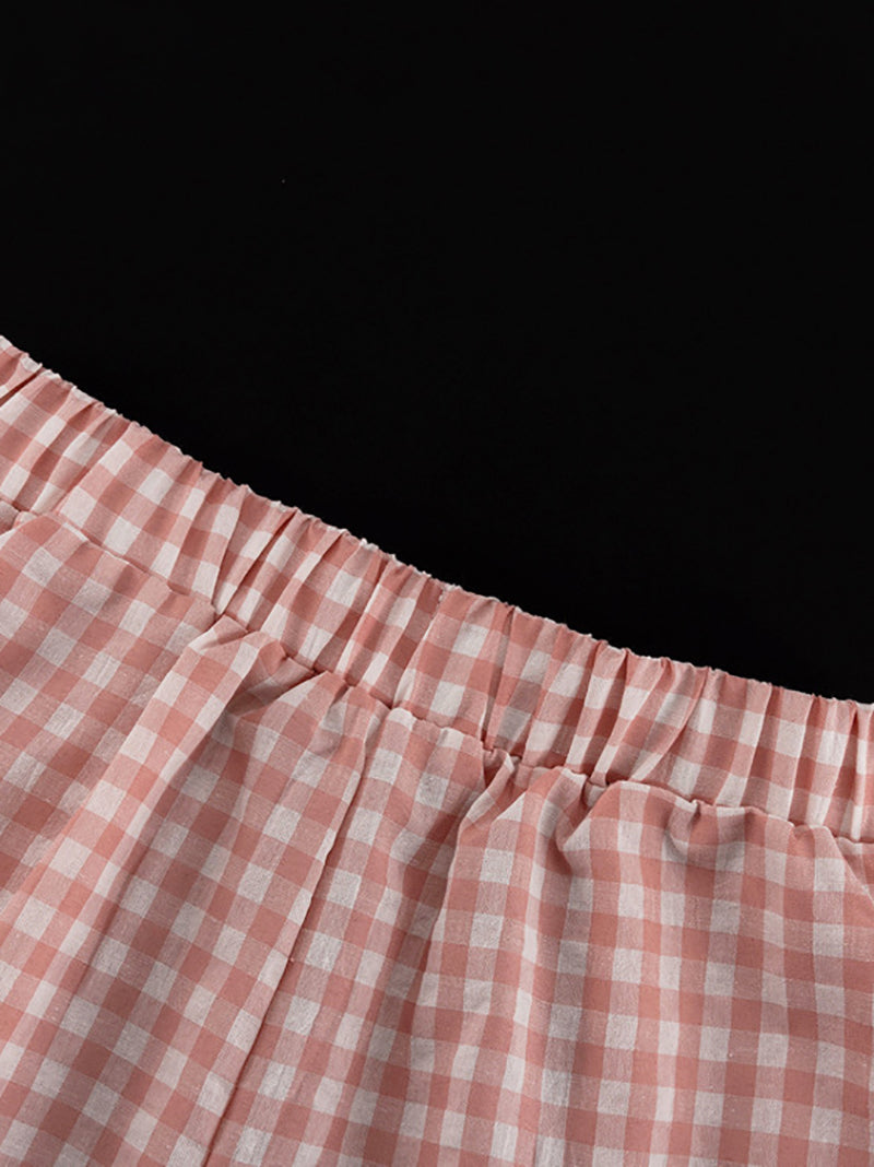 Fashion Plaid Puff Sleeve Ruffle Shirt Shorts Sets