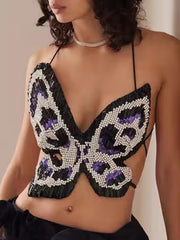 Sexy Rhinestone Sequin Halter Butterfly Top