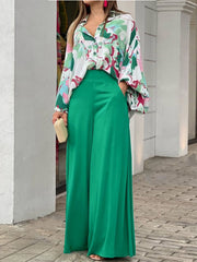 Long Sleeve Print Shirt and Wide Leg Pants Two Piece