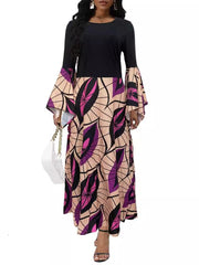 Elegant O Neck Print Patchwork A Line Dress