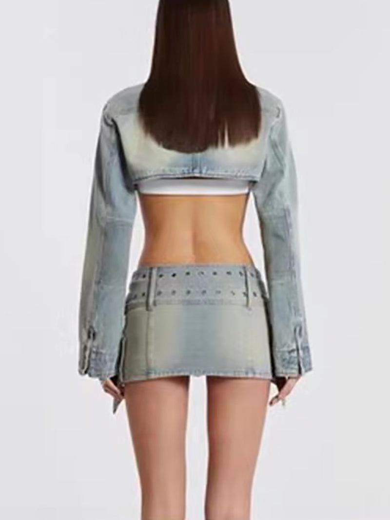 Sexy Crop Denim Coat And Short Skirt Set