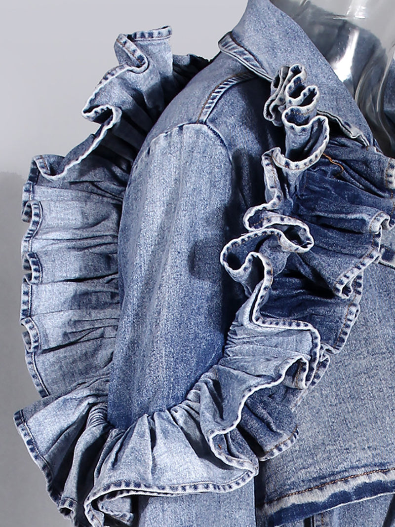 Casual Ruffled Denim Trench Coat