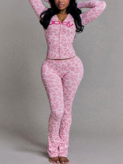 Casual Letter Leopard Print Zip Hooded Top Pants Sets