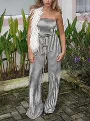 Striped Belted Boob Tube Jumpsuit