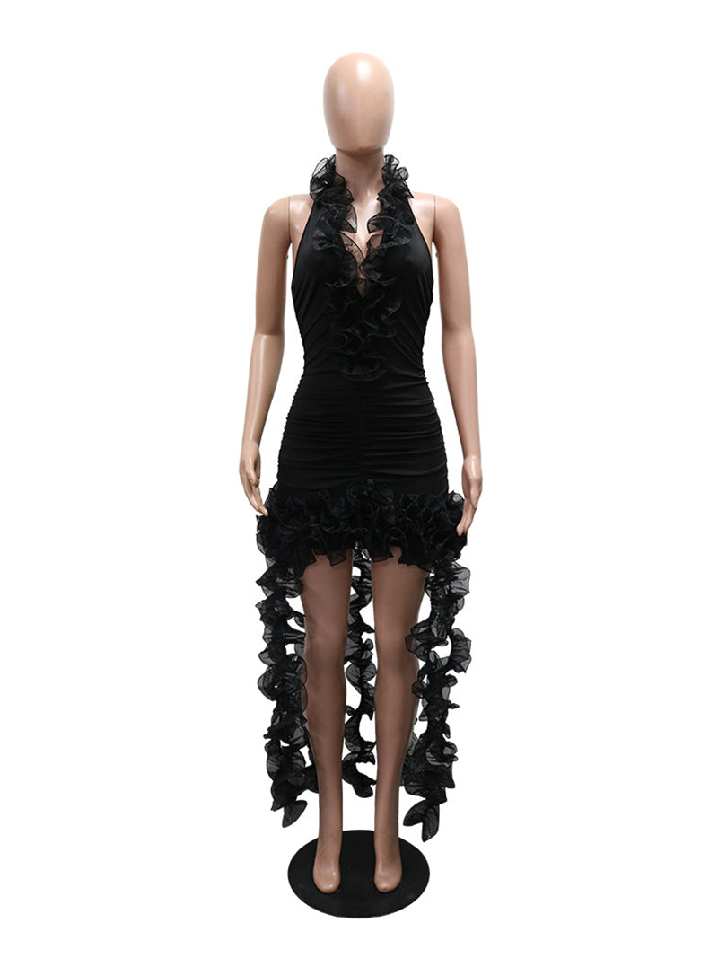 Sexy Halter Ruffles Ruched Mesh Mini Dress